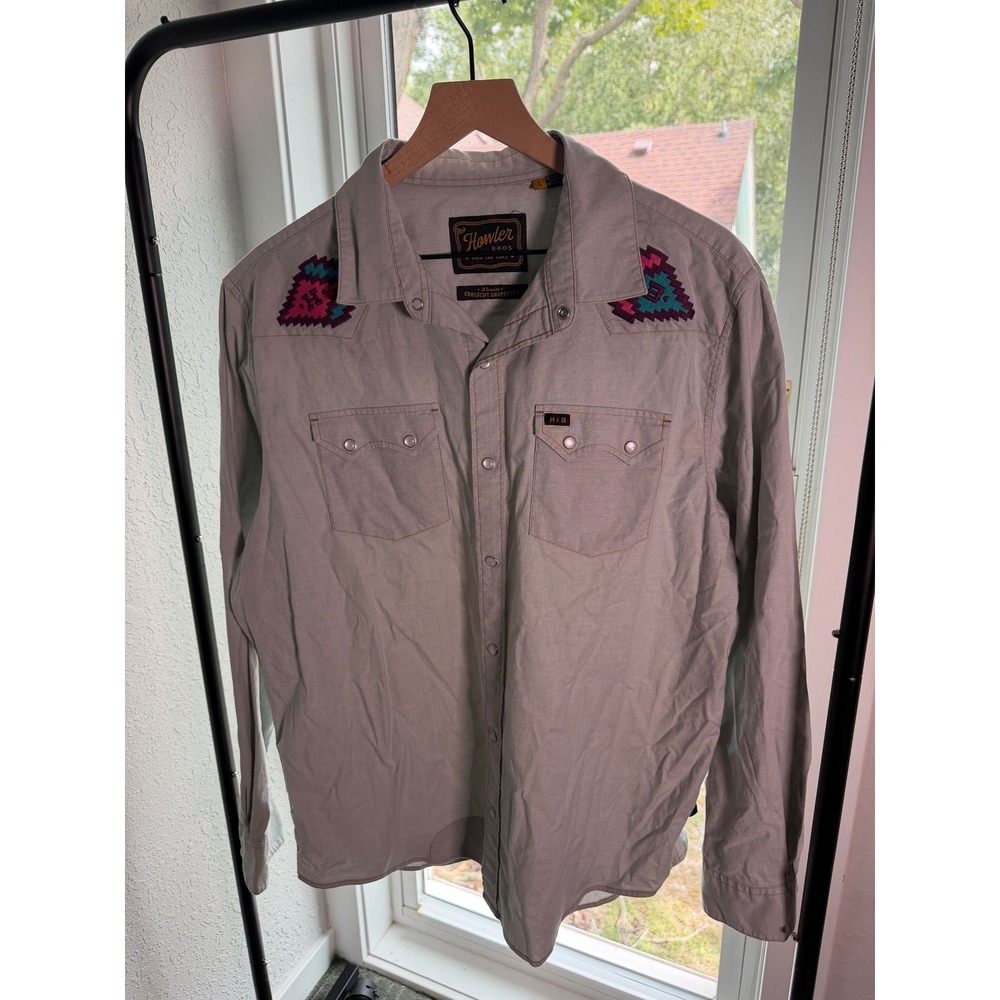 Howler Brothers Crosscut Snapshirt Mens L Tan Embroidered Western Pearl Snap